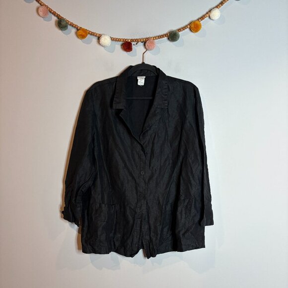 Eileen Fisher black linen blend oversized button down tunic top - Picture 1 of 5